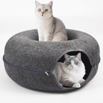 Large Peekaboo Cat Cave Donut Tunnel 24" for Indoor Cats, Dark Grey