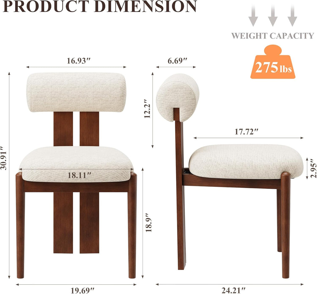 Modern Wooden Dining Chairs Set of 2, Upholstered Fabric Kitchen Chairs with Sculptural Backrest, Mid-Century