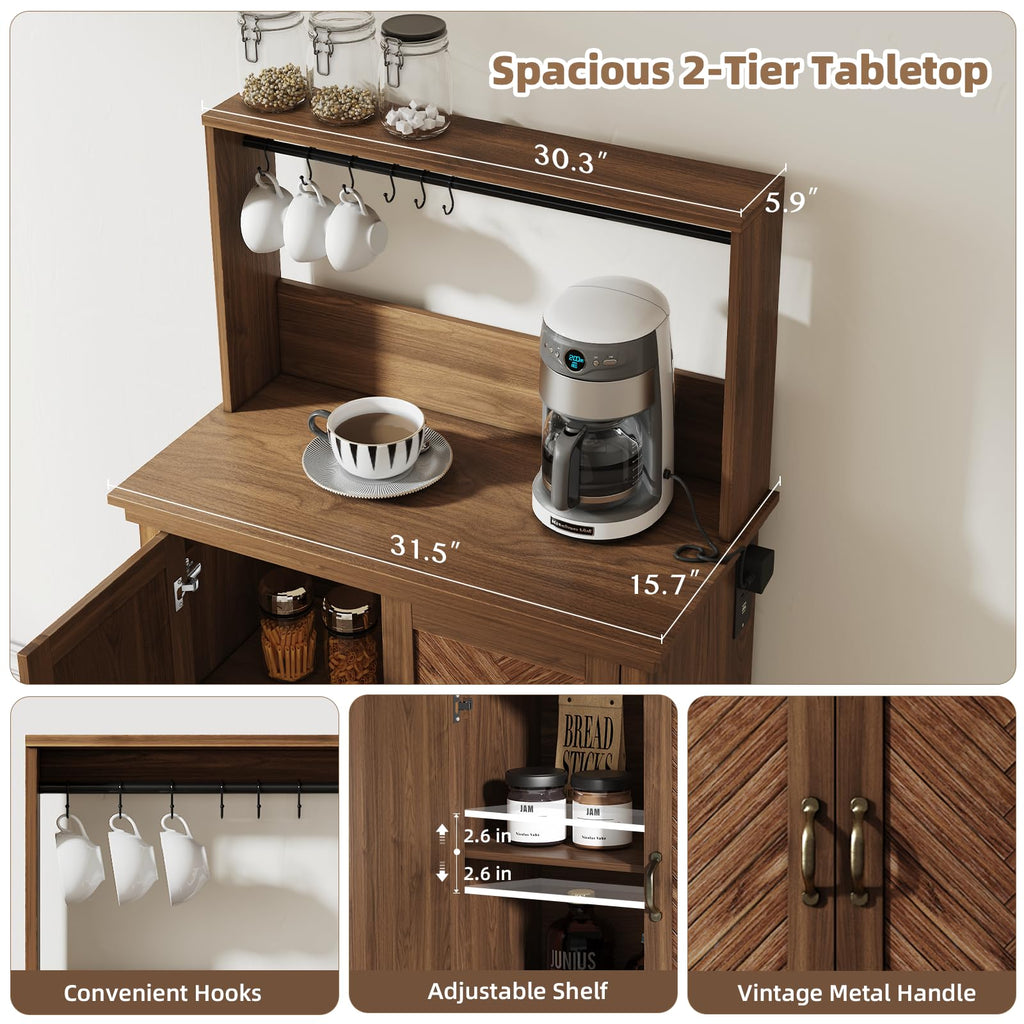 Coffee Bar Cabinet with Storage and Charging Station, Walnut