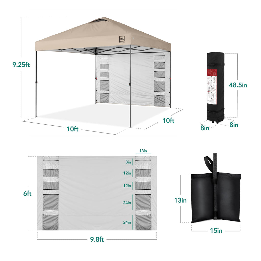 10x10 Pop Up Canopy Tent with Sidewall, Sand
