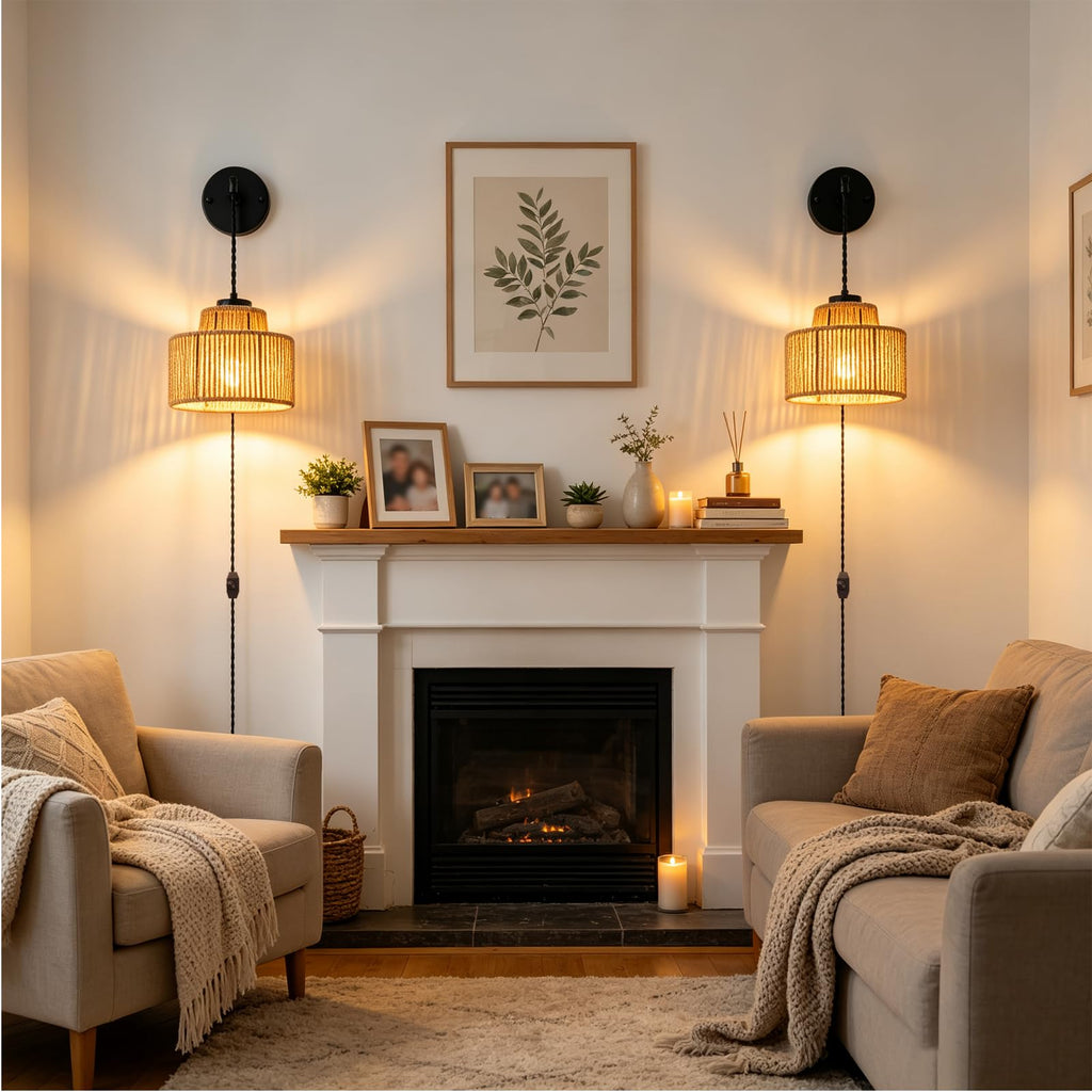 Rattan Plug in Wall Sconces 2 Pack with Dimmable Switch on 6.56FT Cord