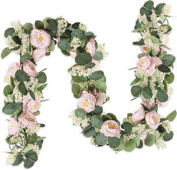 Pink 6.6Ft Artificial Eucalyptus Flower Garland with Fake Rose Flower Vine Seeded Eucalyptus Leaves Greenery - Set of 2