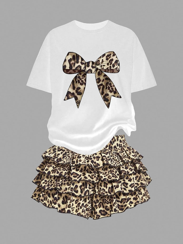Summer Outfits for Girl 2 Piece, Bow Graphic Tees and Leopard Short Skirt Fashion Casual Clothing