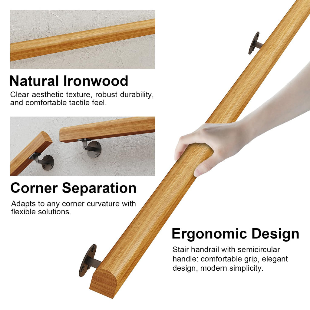 8FT Solid Wood Stair Handrail for Indoor Stairs, Outdoors Stair Railings, Sturdy Wall Mounted Non-Slip Safety Design