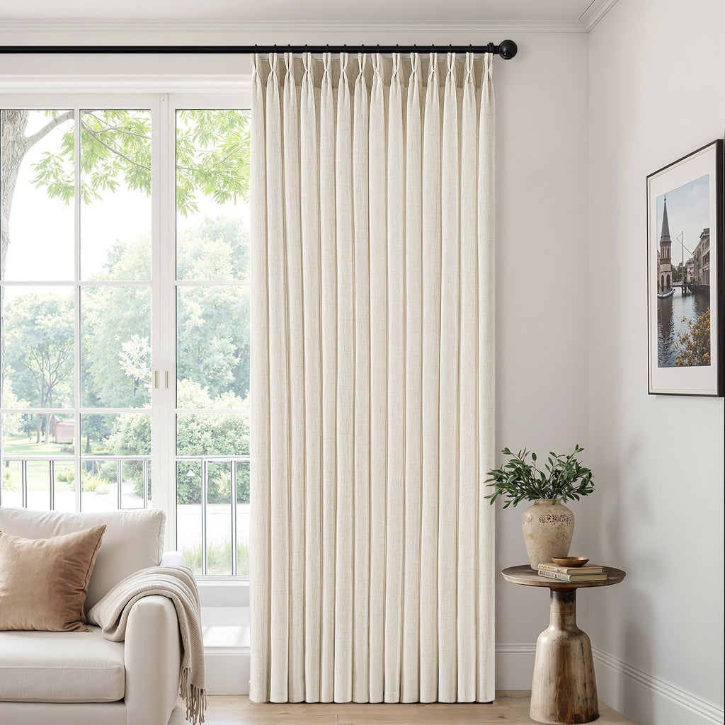 Pinch Pleated Thick Linen Curtains 90 Inches 4 Panels Set Ivory Cream Back Tab Memory Trained Pinch Pleat Semi Sheer