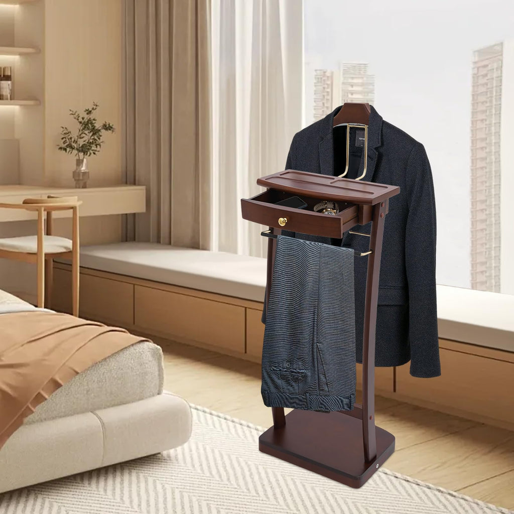 Wooden Freestanding Clothes Stand with Sturdy Base, Multi-functional Suit Valet Stand, Coat Rack with Top Drawer, Tie