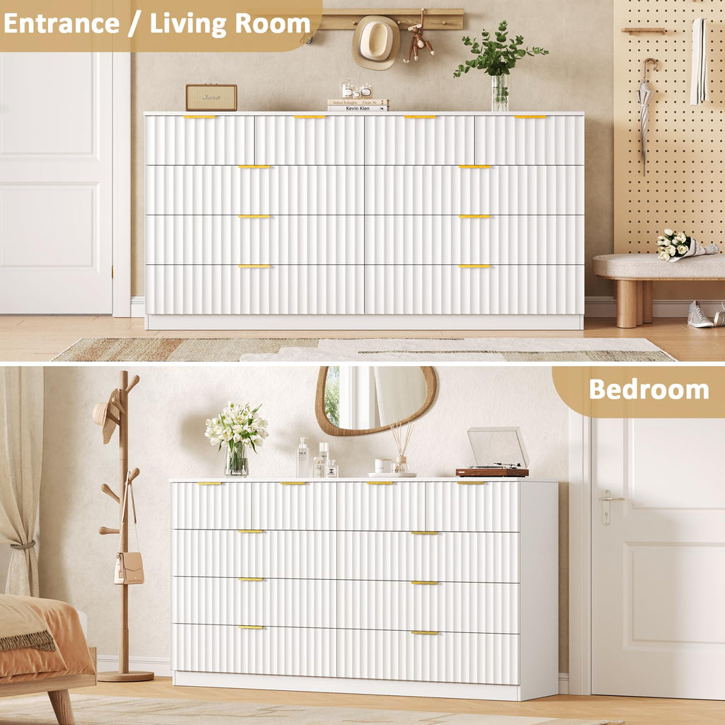 55.1" Wide Fluted 10 Drawer Dresser, White