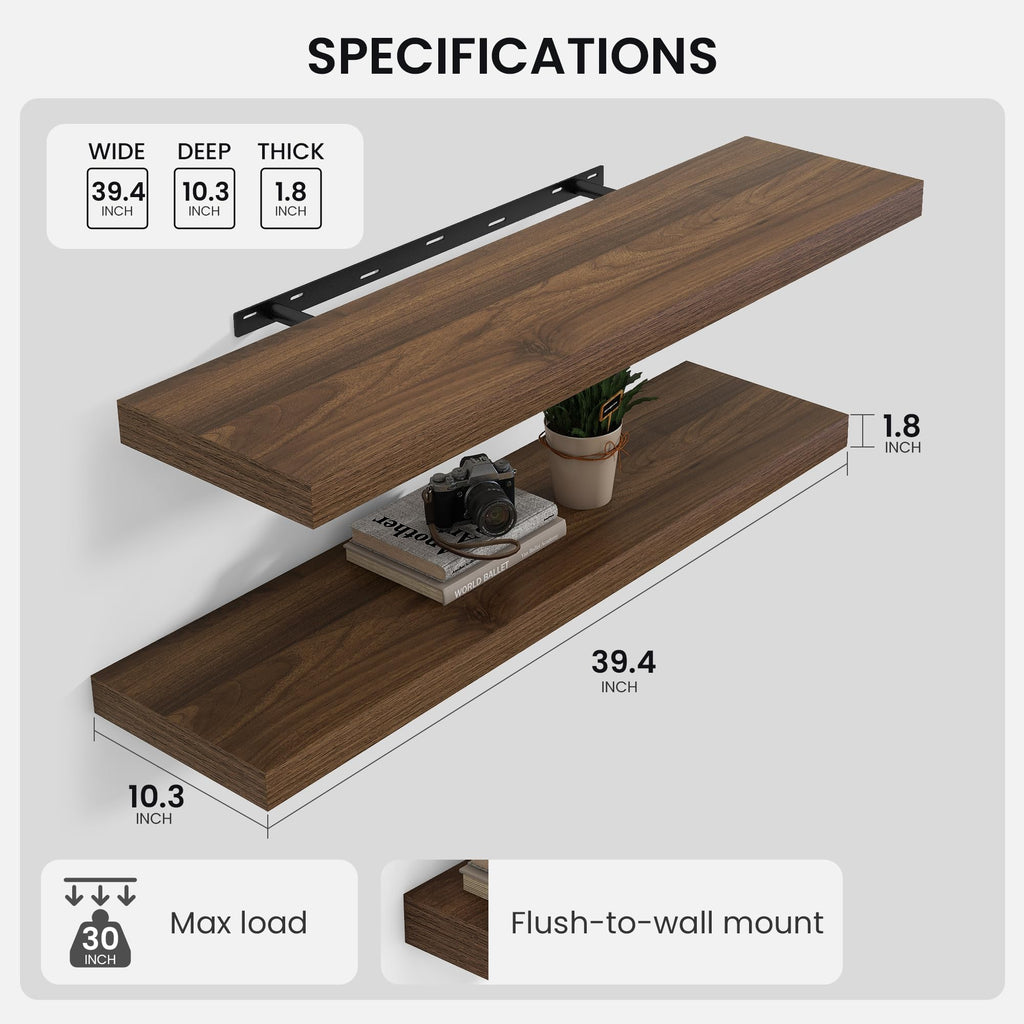 Floating Shelves 39.4" W x 10.3" D Walnut Set of 2