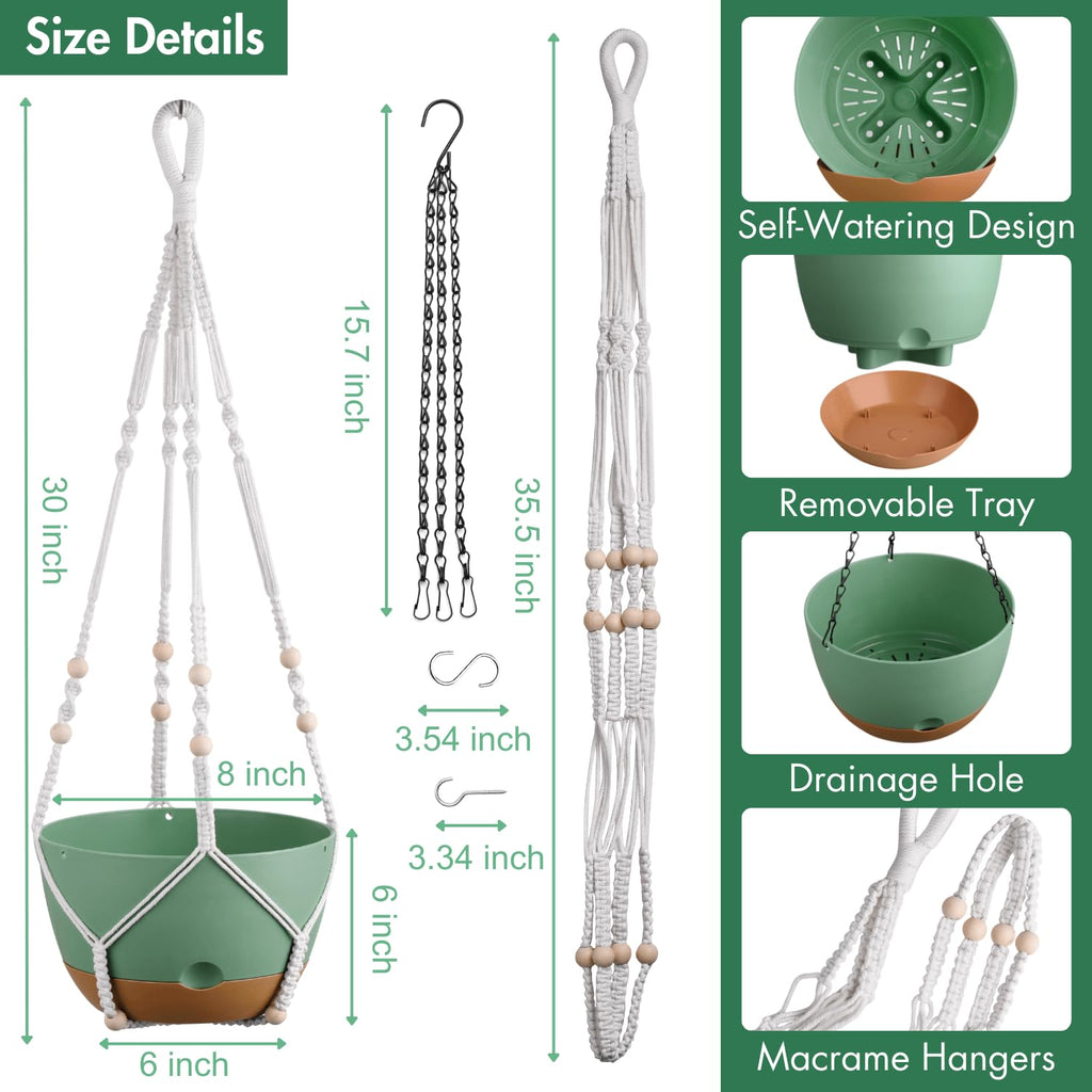 8 Inch Macrame Self Watering Hanging Planters for Indoor/Outdoor