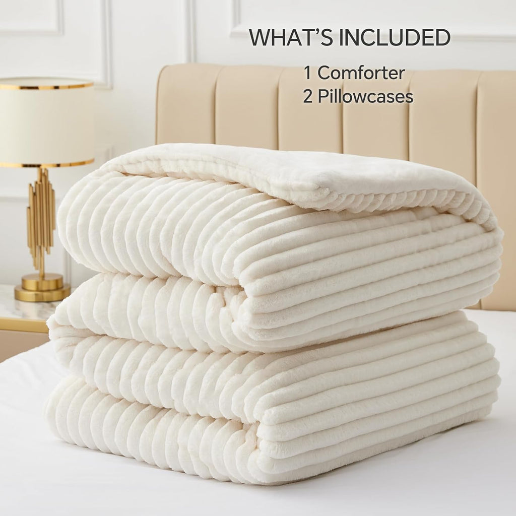 Fleece Queen Comforter Set -Super Soft & Warm Fluffy Cream White Bedding