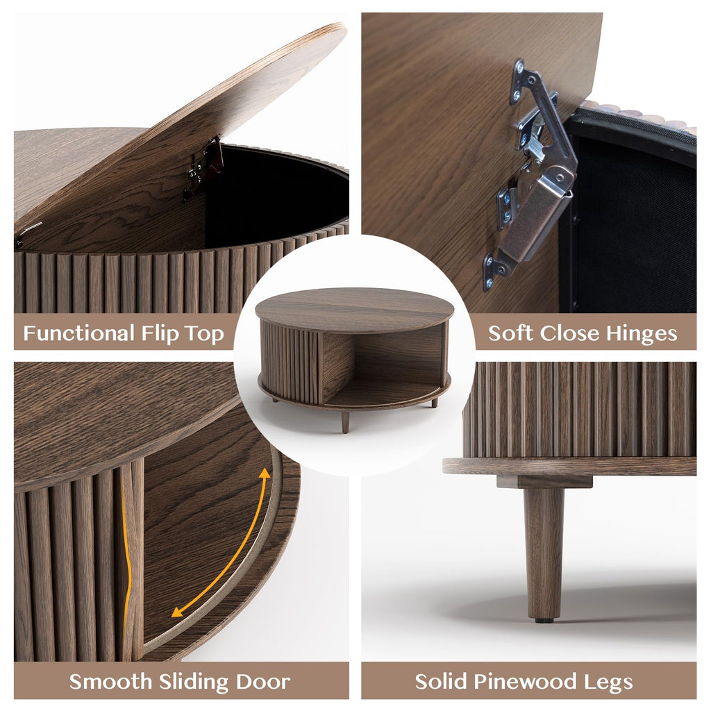 31.5" Round Coffee Table with Storage, Walnut