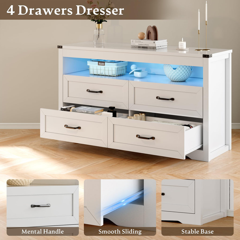 With LED Lights, 4-Drawer White Chest of Drawers