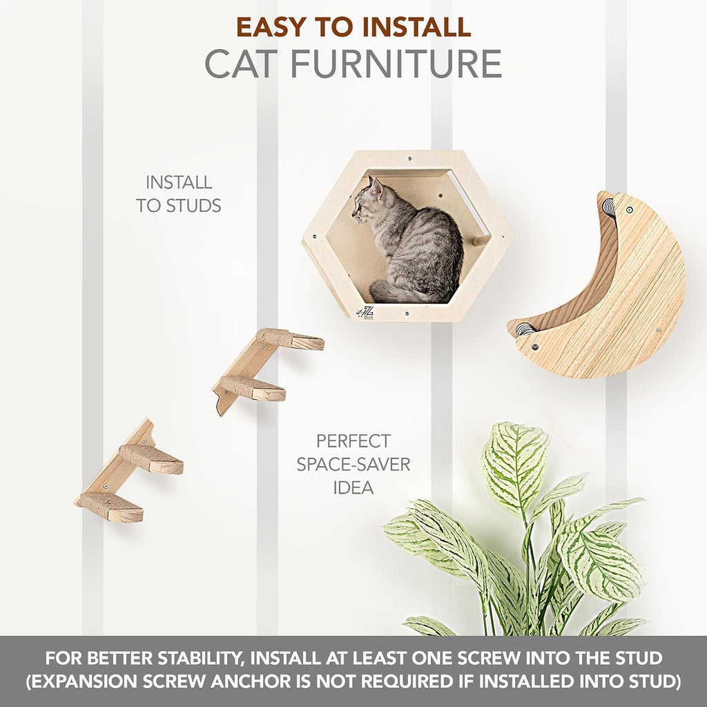 3-Piece Cat Wall Furniture Set: Hammock, Hexagon House & Climbing Steps, Wall-Mounted Wooden Shelves for Indoor Cats