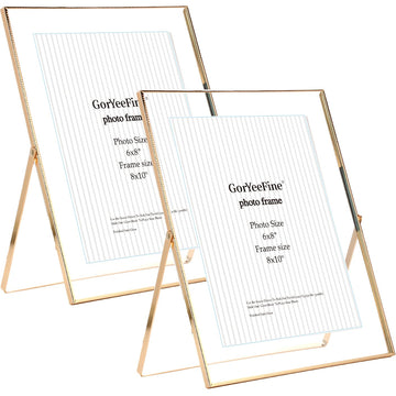Gold 8x10'' Floating Frame Set of 2, For Photo Sizes( 5x7'', 6x8'', 7x9''), Beautiful Metal Beaded Edge Frames Adjustable