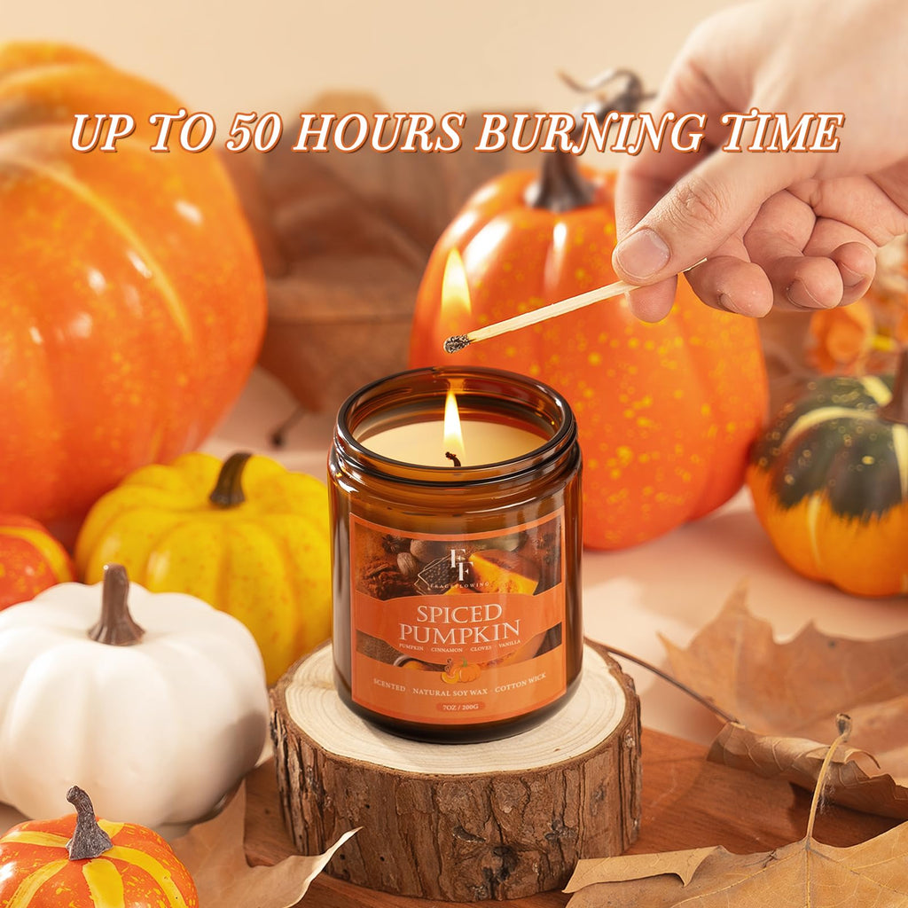 Fall Candle, Spiced Pumpkin Scented Candles, Natural Soy Autumn Candle Aromatherapy Candle, 7 oz Jar Candles Fall