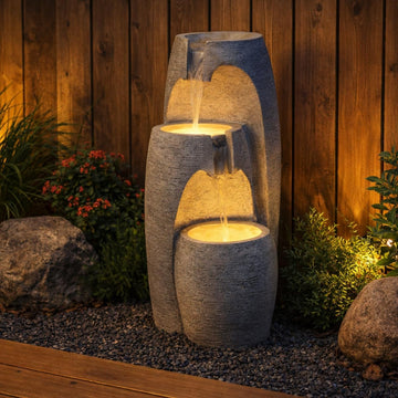 3-Tier Cascading Urn Outdoor Water Fountain - Warm Glow Lighting with Adjustable Flow & Electric Pump, Gray