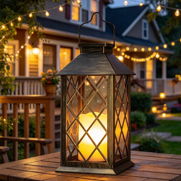 14" Large Tempered Glass Solar Lanterns Outdoor Waterproof, Bronze