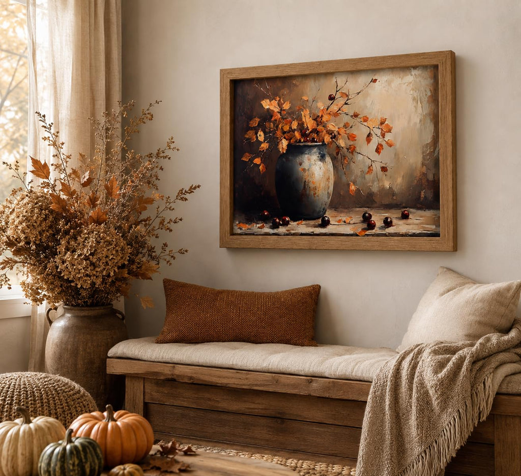 Framed Vintage Autumn Leaf Vase Wall Art, Rustic Still Life Painting Picture Wall Decor, Fall Thanksgiving Botanical