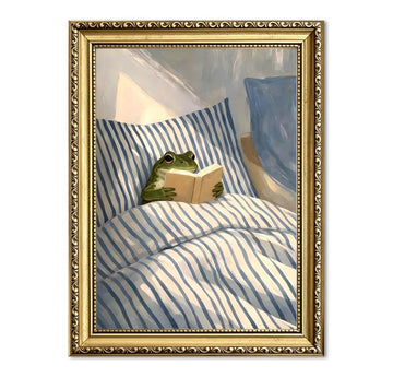 Funny Reading Frog Wall Art Cute Green Frog Reading in Bed Wall Decor Picture Whimsical Animal Poster Canvas Painting