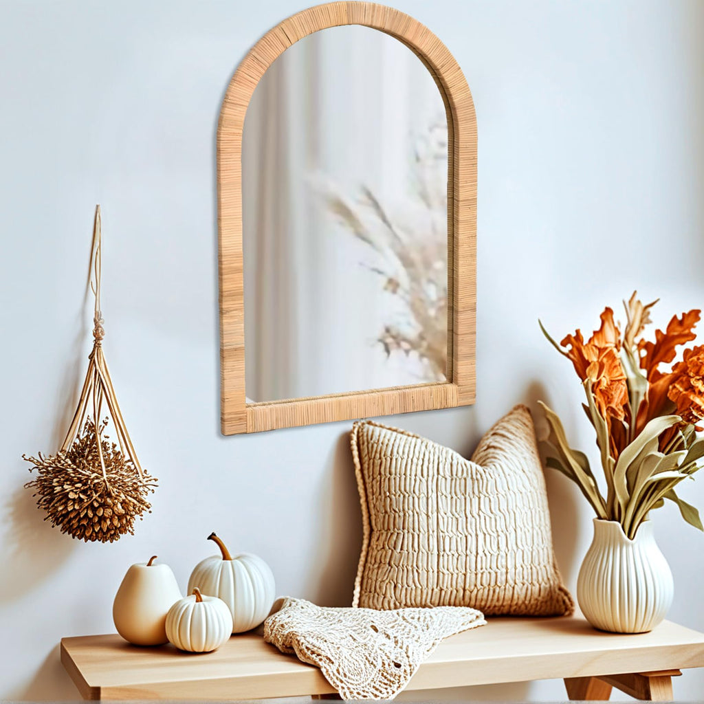 Boho Rattan Wall Mirror 20×30 Inch Arched Natural Rattan Frame - Farmhouse Bathroom Vanity Mirror - Wicker Decorative