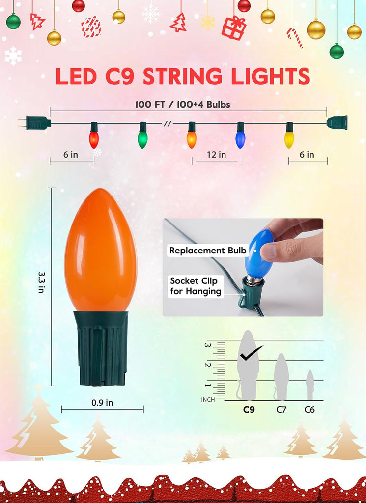 Vintage Christmas Lights Outdoor, 100Ft C9 String Lights with 100 LED Bulbs