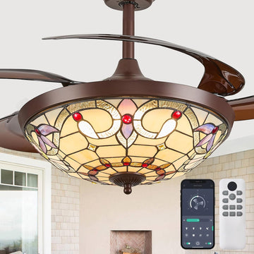 48" Tiffany Retractable Ceiling Fan with Light - (Red Dot, Brown)