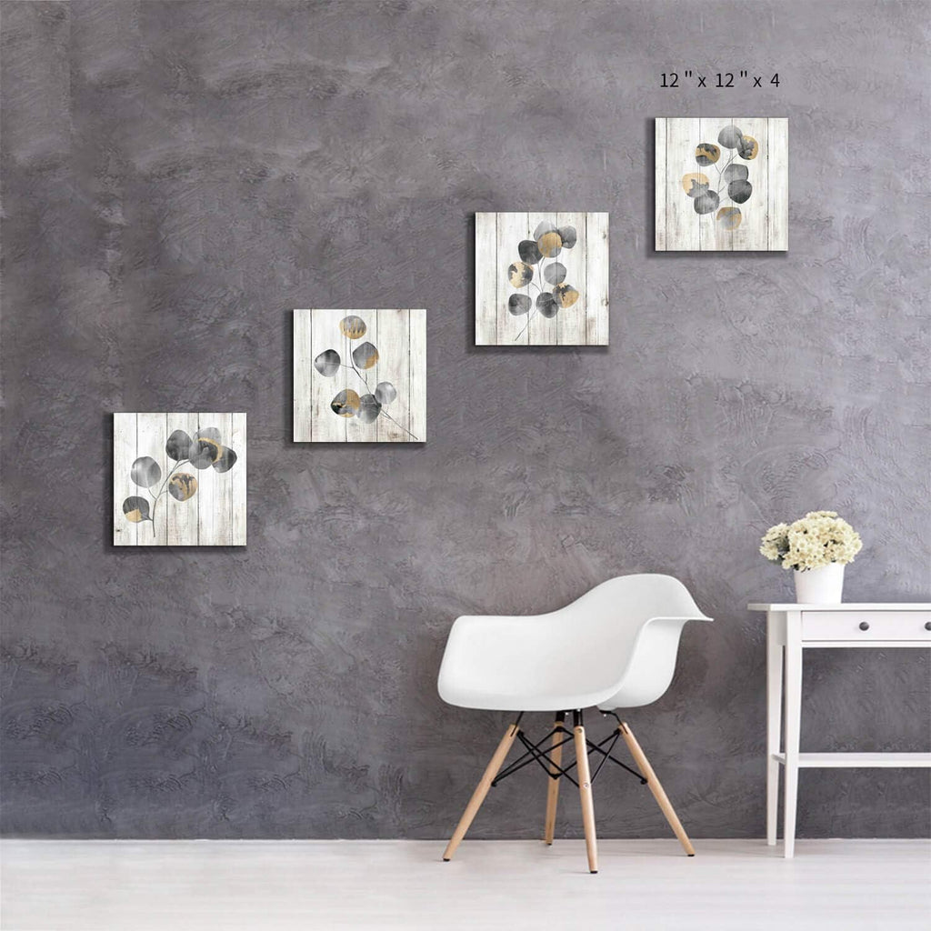 Leaf Artwork Botanical Canvas Print: Gray Leaves Painting Wall Art ( x 4 PCS,Multi-Sized)
