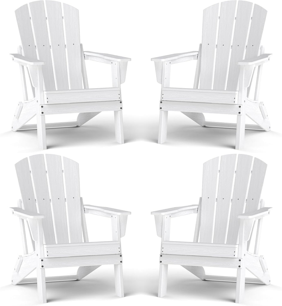 Lightweight Folding Adirondack Chair Set of 4, HDPE, White | Portable HDPE Patio Chair - 350lbs,Durable All-Weather