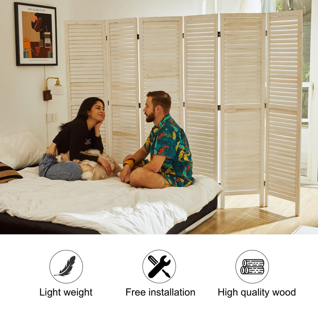 White Room Divider, Temporary wall with Double Hinges, 5.6 Ft Tall Folding Louver Wood Screen Bedroom Hotel