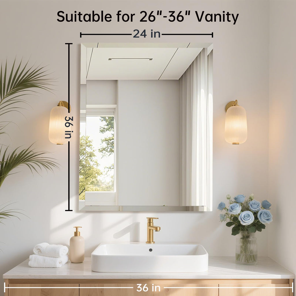24x36 Inch Rectangle Frameless Mirror, Beveled Bathroom Mirror