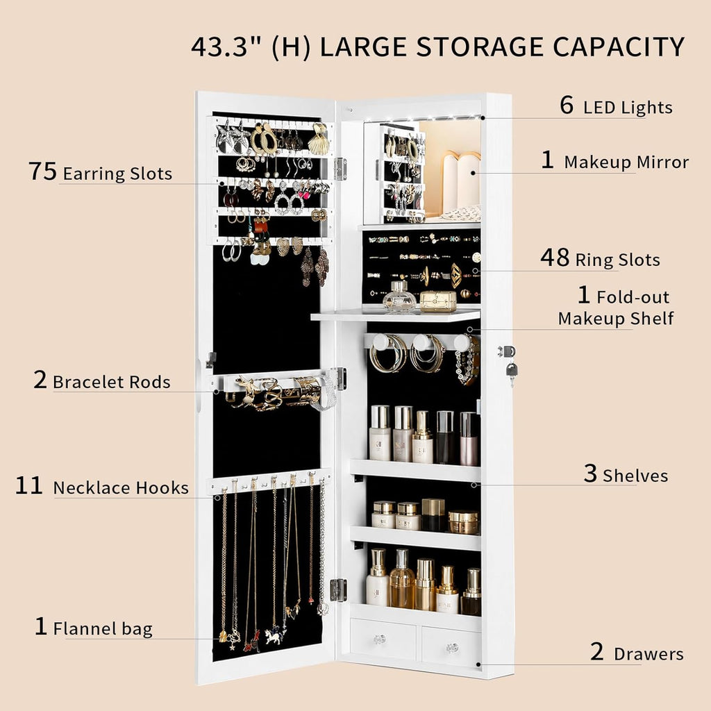 Over the Door Jewelry Organizer, Wall Mounted Jewelry Cabinet, Hanging Mirror with Storage Box, Wall/Door Mounted