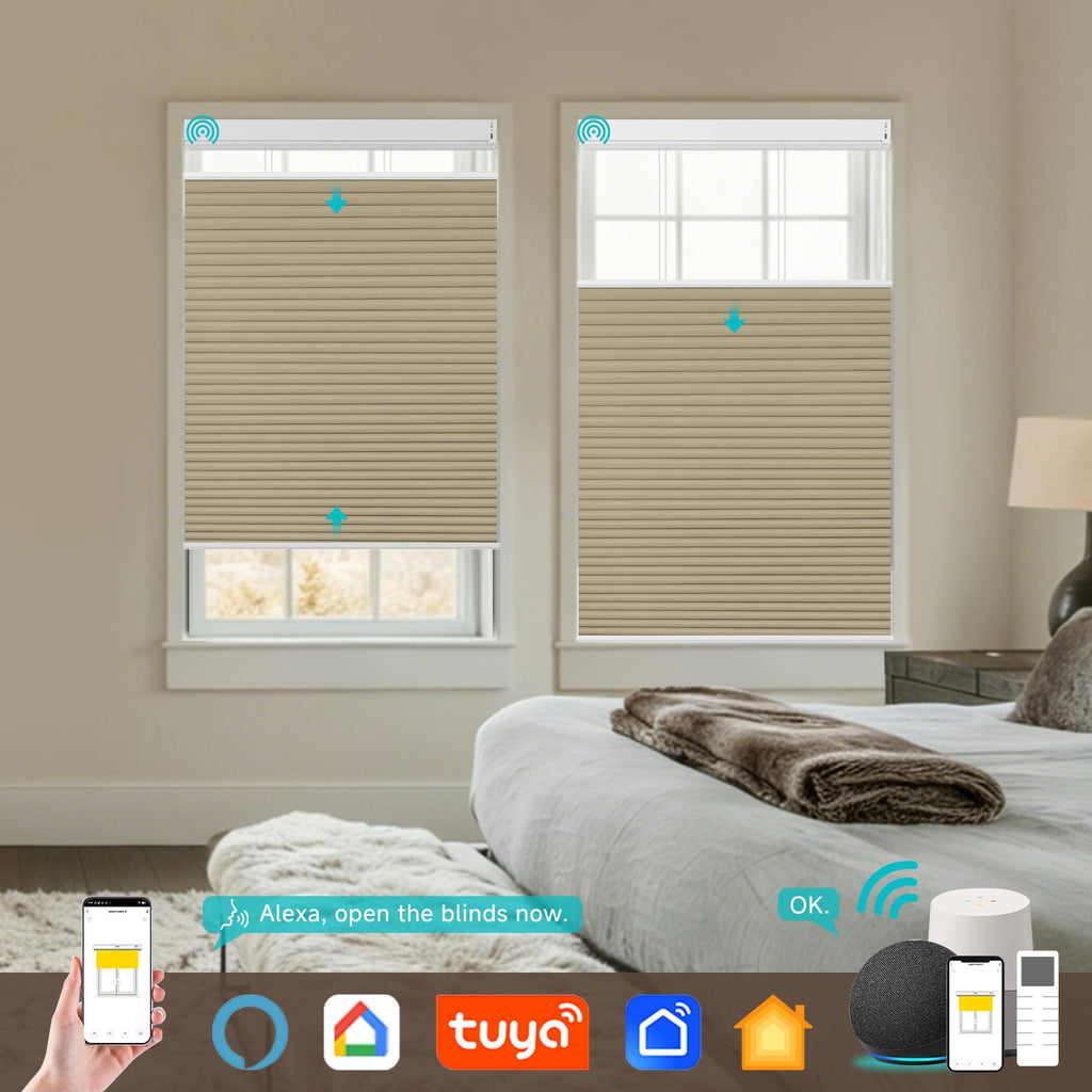 Motorized Top Down Bottom Up Cellular Shades with Remote, Custom Cordless Smart Honeycomb Blinds, Automatic Electric