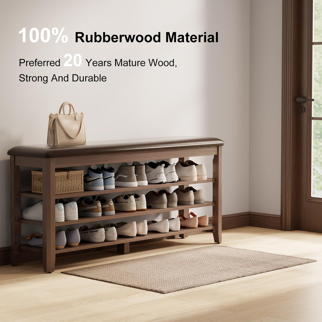 Shoe Bench with Leather Cushion, 3 Tiers Shoe Storage Bench Height Adjustable, Walnut Wood Entryway Bench, Mudroom