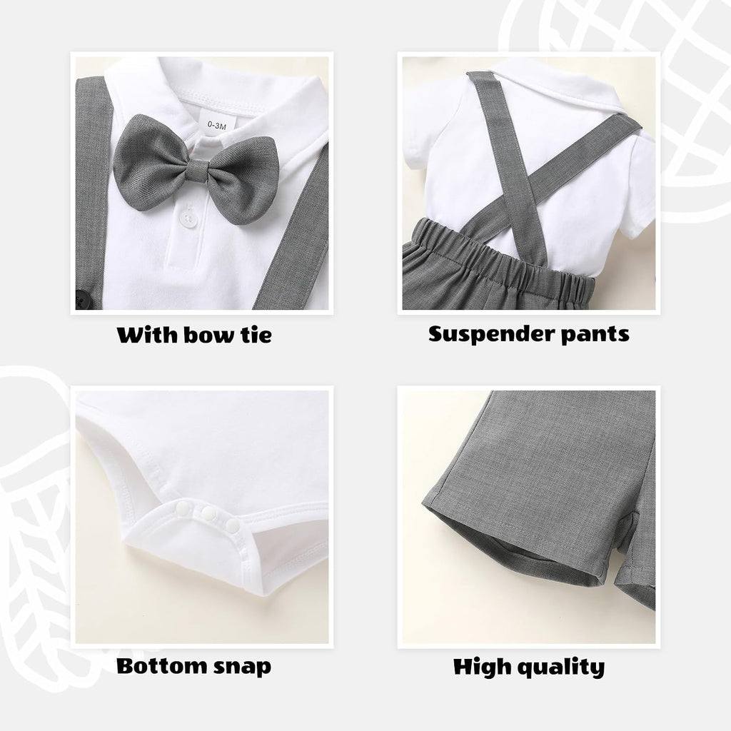 Baby Boy Clothes Suits Infant Gentleman Wedding Outfit Dress Shirt Bowtie and Suspenders Shorts Set