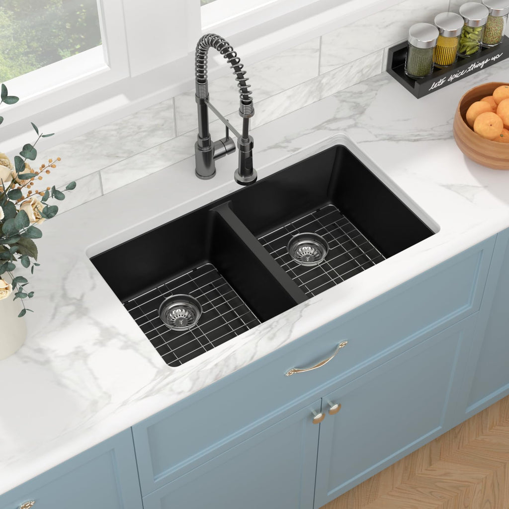 33 Black Granite Composite Kitchen Sink - 33"x19"Double Bowl Undermount Kitchen Sink Double Basin 50/50 Matte Black