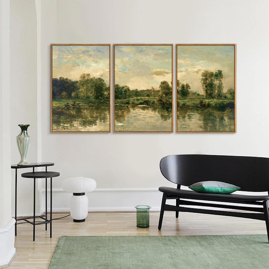 Vintage Landscape Framed Canvas Wall Art Set of 3, French Country Art Prints, Nature Green Trees and Lake Art