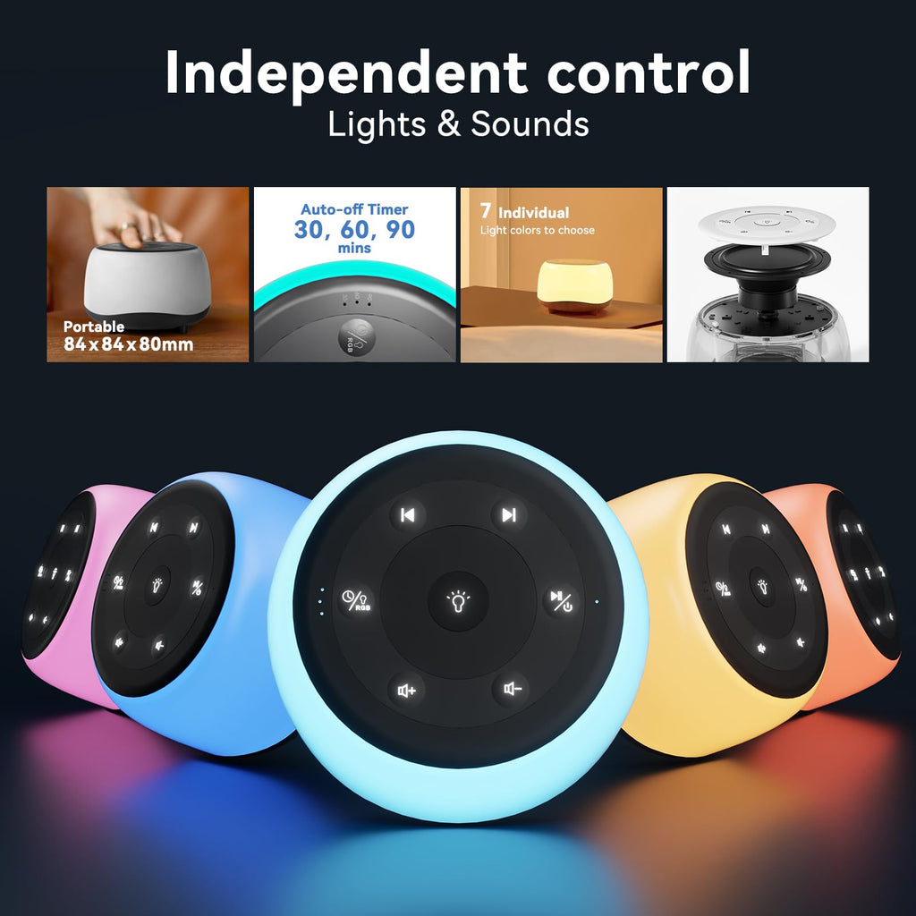 White Noise Sound Machine with 7 Colors Night Light 34, Portable Sound Machine for Baby Adults Kids Sleep with 30 Sounds
