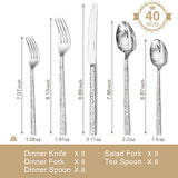 40 Pieces Hammered Silverware Set for 8, 18/10 Stainless Steel Heavy Duty Flatware Set, Tableware Cutlery Utensil Sets