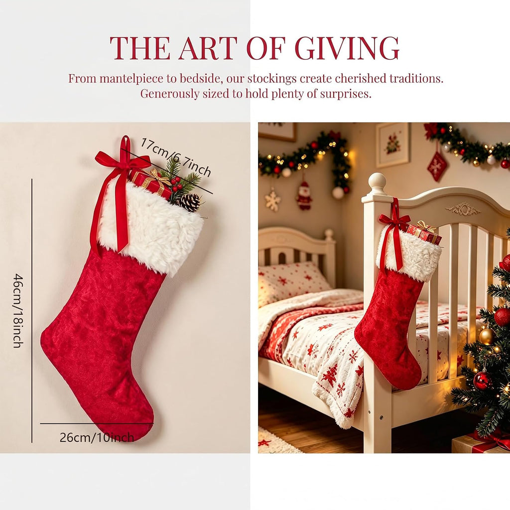 18" Red Velvet Christmas Stockings 2 Pack, Fluffy Faux Fur Mantel Decor