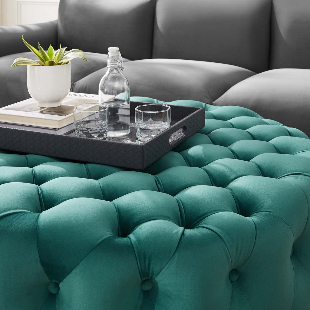 Amour Tufted Button Large Round Performance Velvet Ottoman in Teal