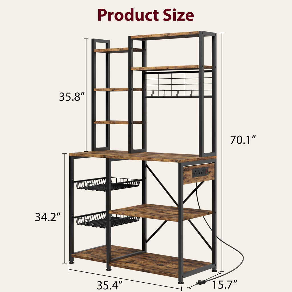 Bakers Rack with Power Outlets, 7-Tier Microwave Stand with 2 Wire Basket, 35.4 in Industrial Coffee Bar Station