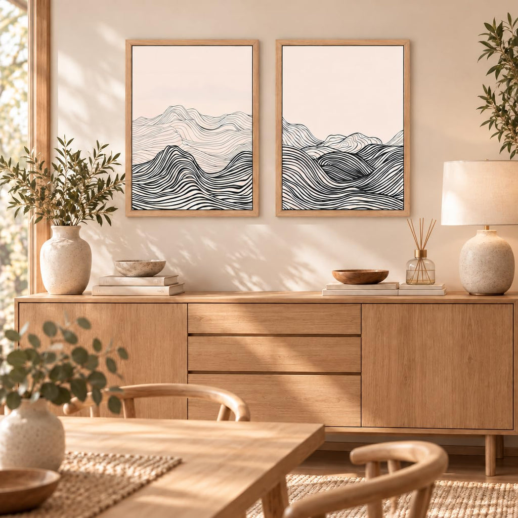 2-Pack Framed Minimalist Black and White Line Art Mountain Wall Art 16"x24"