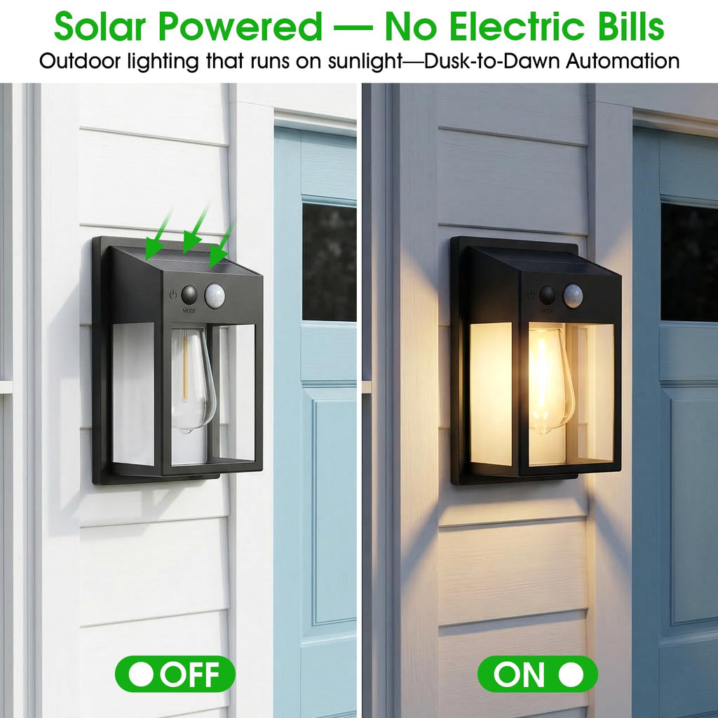 Solar Porch Lights Outdoor 2 Pack, Motion Sensor Solar Wall Lights with 3 Lighting Modes, Dusk to Dawn Waterproof