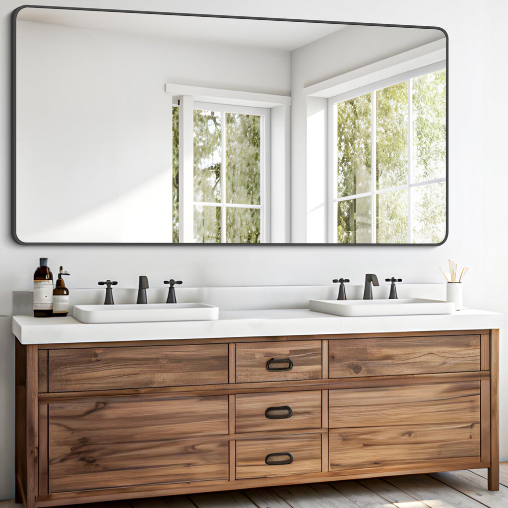 Bathroom Mirror 30" X 60", Large Rectangular Wall Mirror, Black Metal Framed Rounded Corner Wall Mounted Mirror
