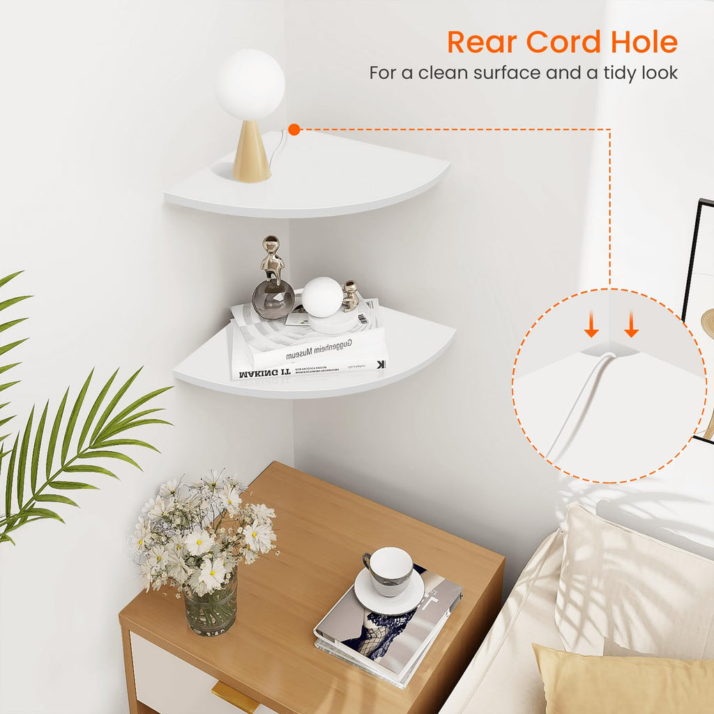 Corner Wall Shelf, 12 in Wide Rounded Corner Shelf Floating, Set of 2 Wooden Hanging Corner Shelves with Wire Hole