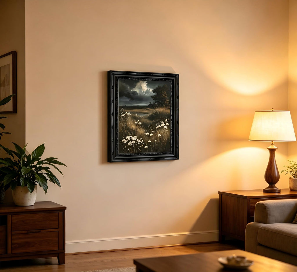 Dark Moody Landscape Framed Wall Art, Vintage Gothic Wildflower Meadow Canvas Print with Ornate Black Carved Frame