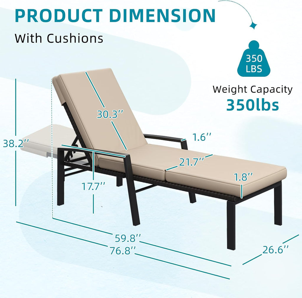 Chaise Lounge Chairs for Outdoor, Lounge Chairs Set of 2, Adjustable PE Rattan Wicker Patio Pool Lounge Chair with