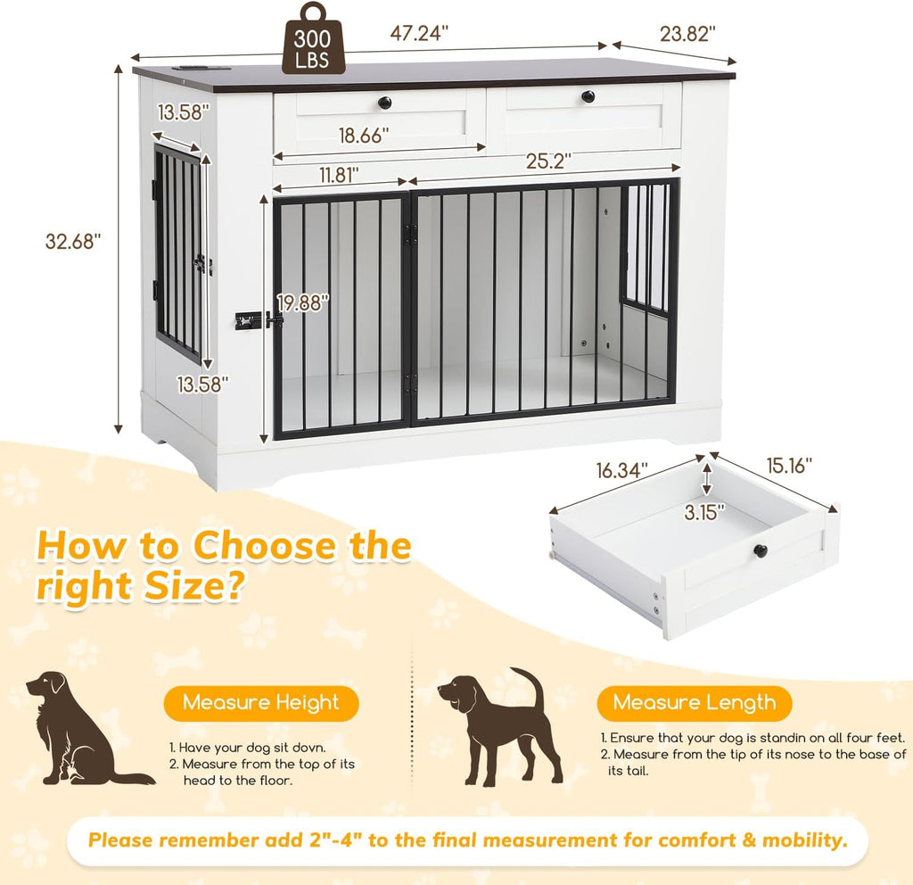 Dog Crate Furniture TV Stand with Charging Station-47. Heavy Duty Dog Kennel Furniture tv table with 2 Drawers