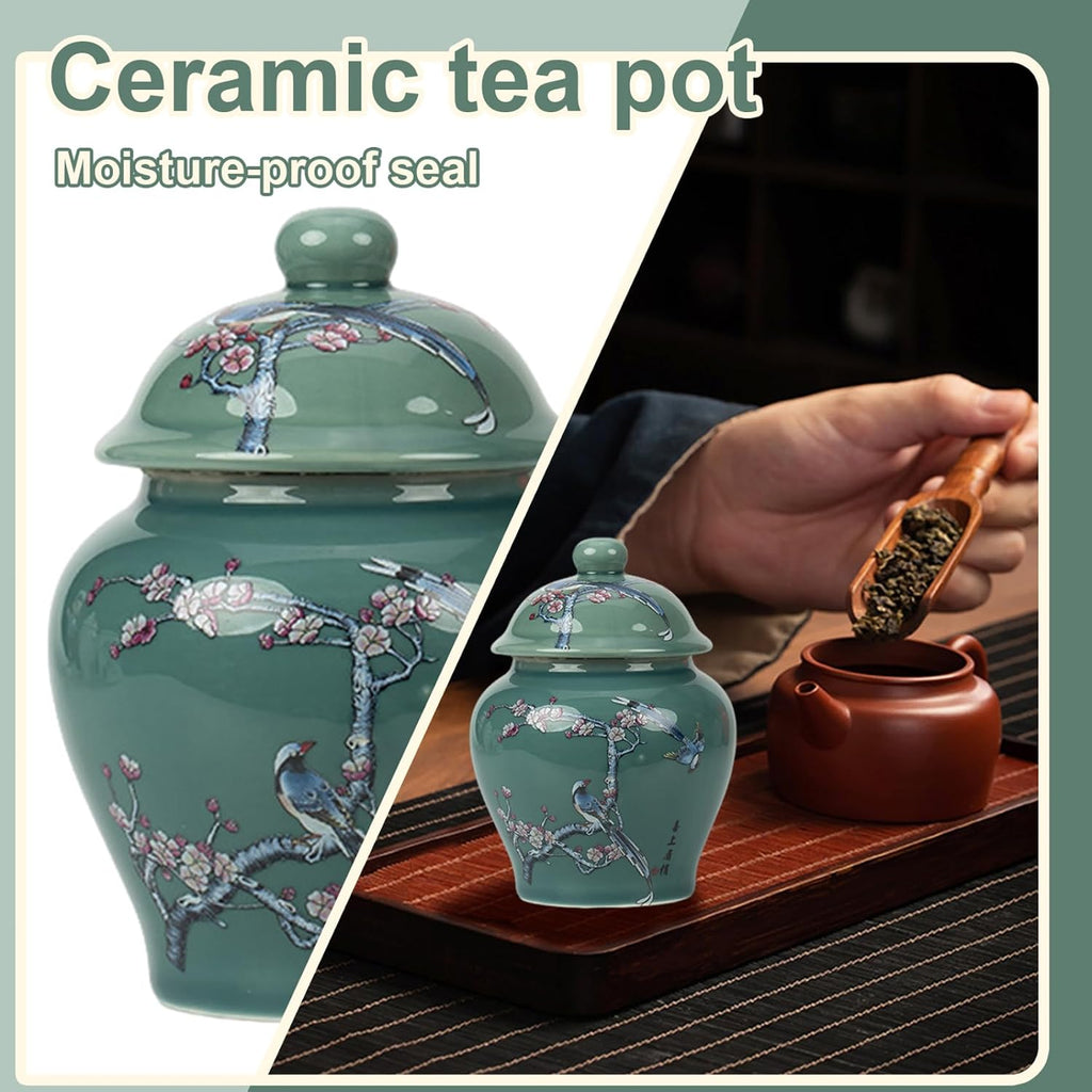 Green Ceramic Chinese Ginger Jar Vase Chinoiserie Decorative Jar with Leakproof Lid