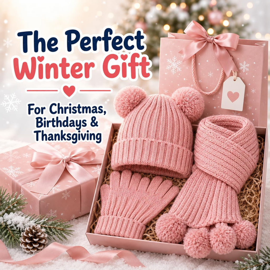 Kids Winter Hat Gloves Scarf Set, Double Pom Beanie Warmer Mittens Fleece Lined Piece Set for Boys Girls